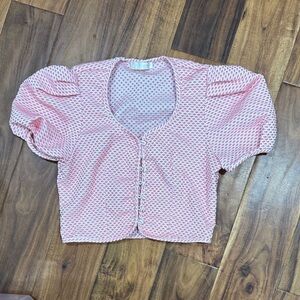 Pink Patterned Cropped Button-Front Blouse
